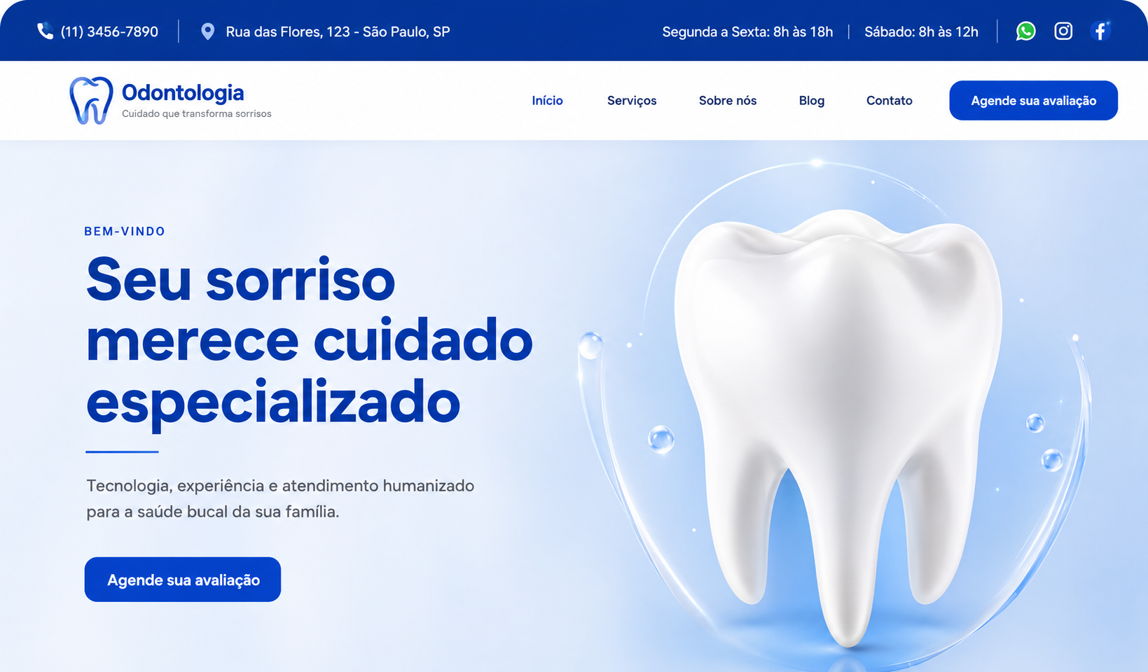 Site para clínica odontológica com hero azul e imagem de dente