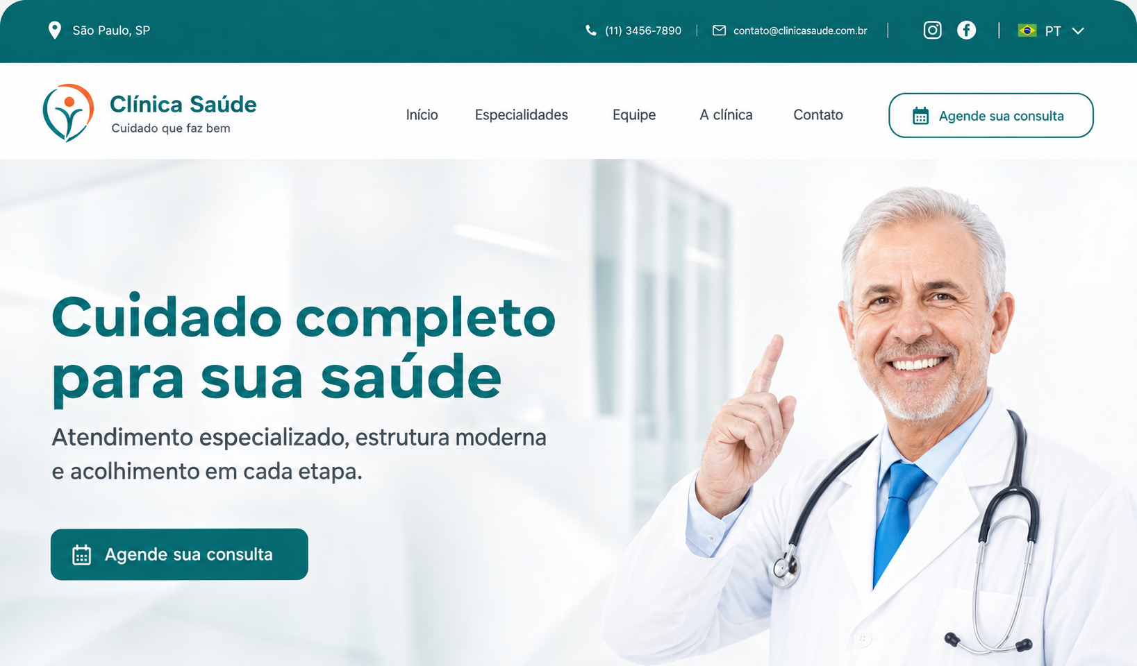 Site para clínica médica com médico sorrindo