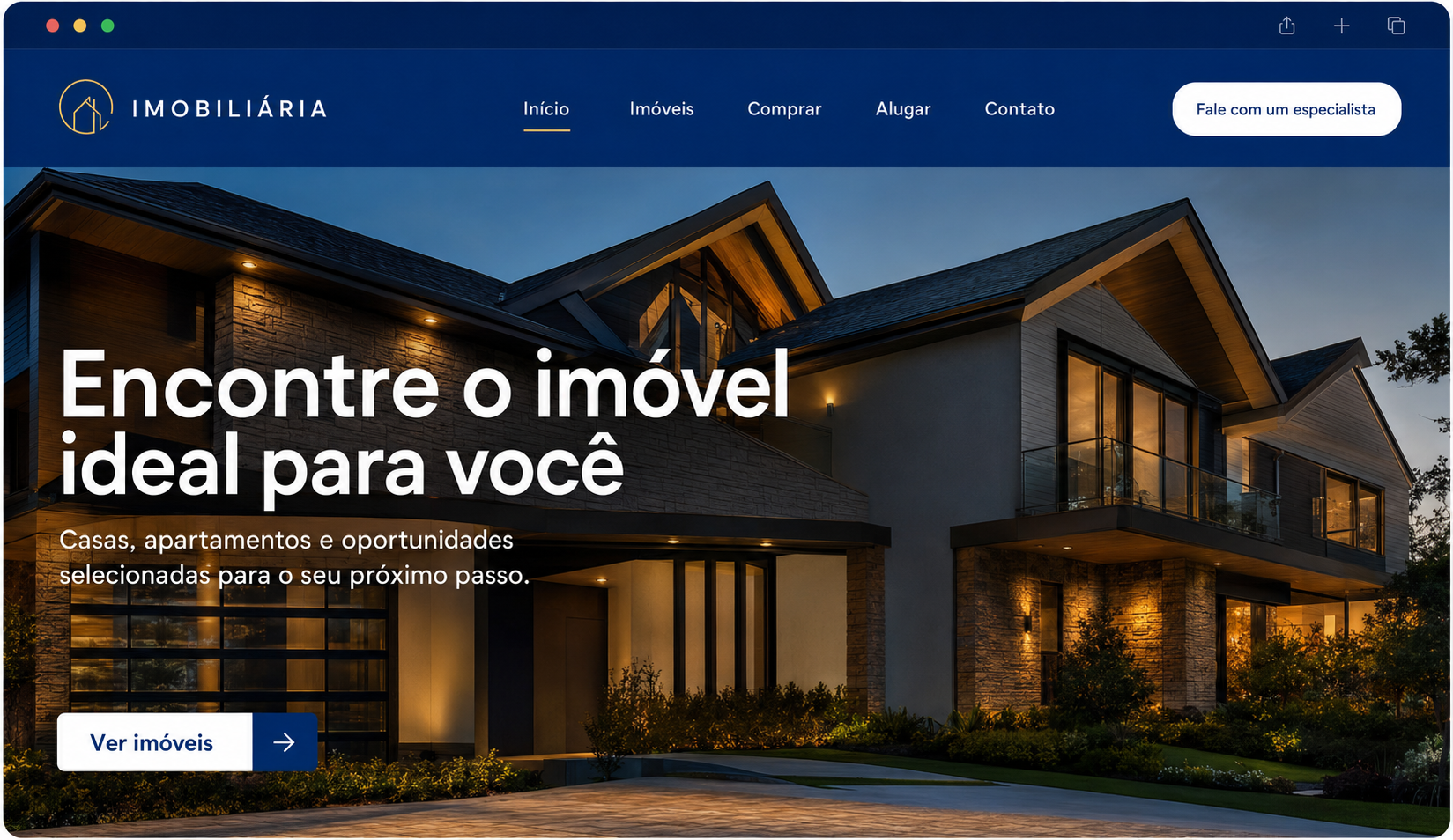 Site para imobiliária com casa moderna iluminada